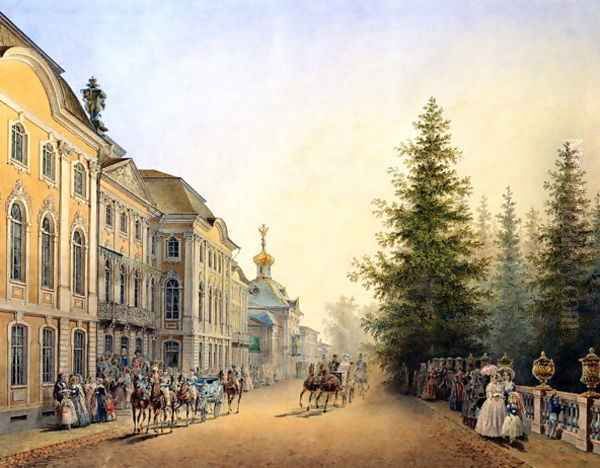 Court Departure at the Main Entrance of the Great Palace, 1852 Oil Painting by Vasili Semenovich Sadovnikov