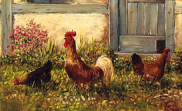 Chickens by a Barn Oil Painting by Alfred Schonian