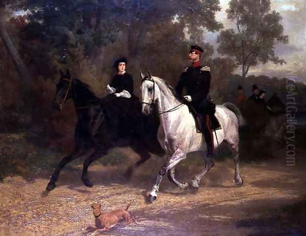 A Lady and an Officer, possibly Crown Prince and Princess of Prussia, riding in a park Oil Painting by Carl Steffeck