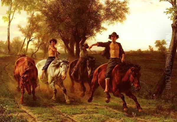 Reitende Zigeunerknaben (Riding Gypsy Boys) Oil Painting by Carl Steffeck