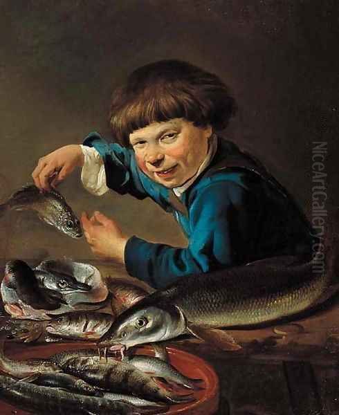 A boy standing by a table laden with fish Oil Painting by Petrus Staverenus