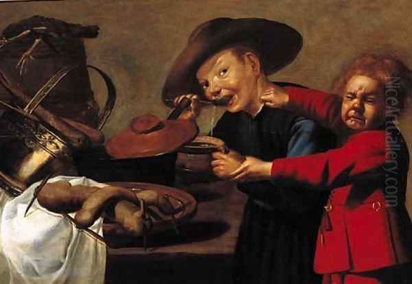 Boys quarrelling over a bowl of soup in a kitchen Oil Painting by Petrus Staverenus