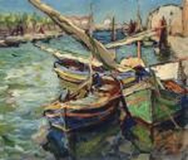 Fishing Boats In Amediterannean Harbour Oil Painting by Rene Seyssaud