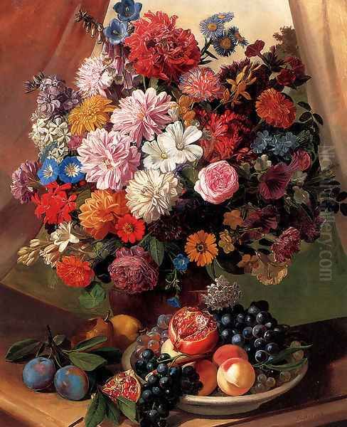 Roses, Morning Glory,Carnations, Peonies and Michaelmas Daisies in a Vase with Peaches, Grapes and a Pomegranate in a Bowl and Pears and Plums on a stone Ledge Oil Painting by Leopold van Stoll