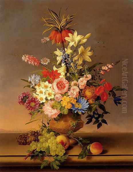 Still Life Of Various Flowers In A vase With Bunches Of Grapes And Peaches, All Resting On A Ledge With A Landscape Beyond Oil Painting by Leopold van Stoll