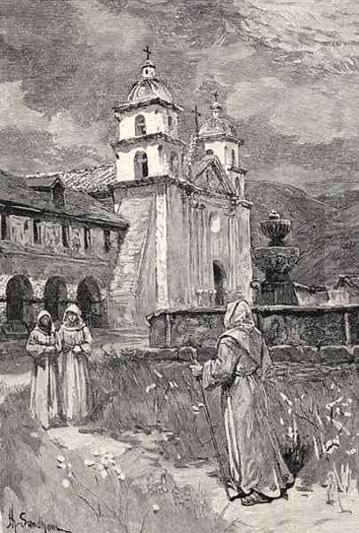 Fountain and mission, Santa Barbara, California, from the book The Century Illustrated Monthly Magazine, May to October, 1883 Oil Painting by Henry Sandham