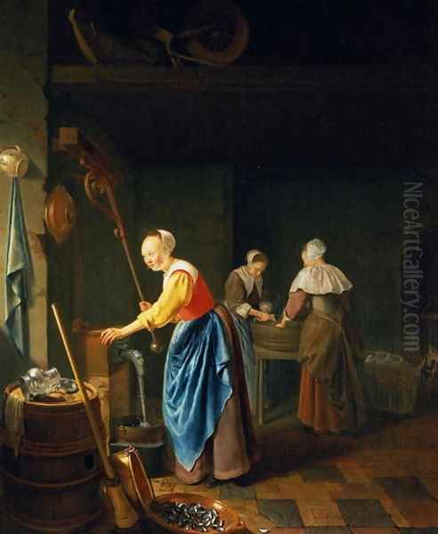 A Kitchen Scene with a Maid Drawing Water from a Well Oil Painting by Pieter Cornelisz. van SLINGELANDT