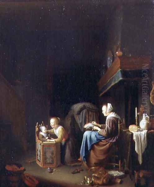 Woman Making Lace with Two Children, c.1670 Oil Painting by Pieter Cornelisz. van SLINGELANDT