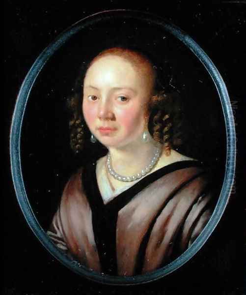 Portrait of a young woman wearing a necklace and earrings Oil Painting by Pieter Cornelisz. van SLINGELANDT