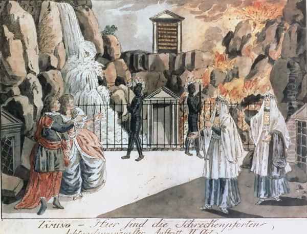 Tamino and Pamina before the temple, scene from 'The Magic Flute' by Wolfgang Amadeus Mozart (1756-91), illustration from Allgemeines Europaisches Journal, published 1795 Oil Painting by Joseph & Peter Schaffer