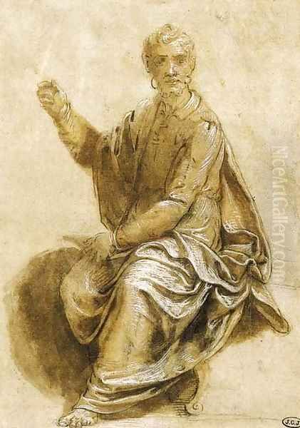 A seated figure, his right hand raised Oil Painting by Girolamo Siciolante Da Sermoneta