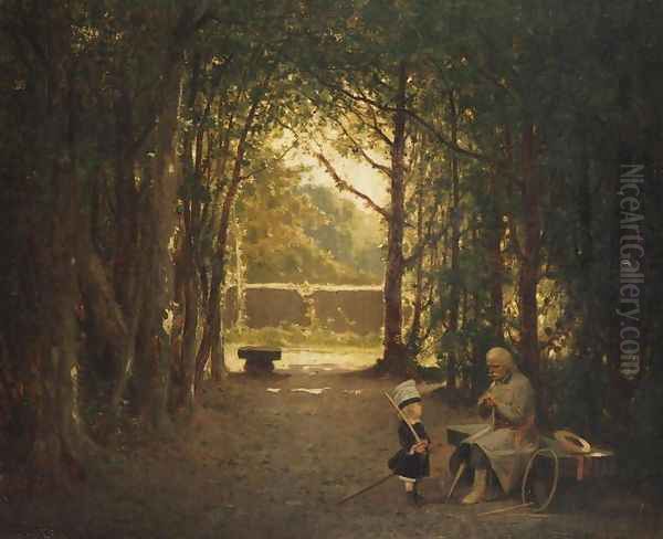 Veteran and Child in a Park Oil Painting by Jozef Szermentowski