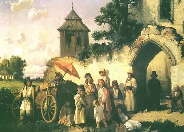 In Front of the Church Oil Painting by Jozef Szermentowski