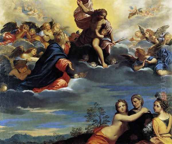 Virigin and Angels Imploring Christ not to Punish Lust, Avarice, and Pride Oil Painting by Ippolito Scarsella (see Scarsellino)