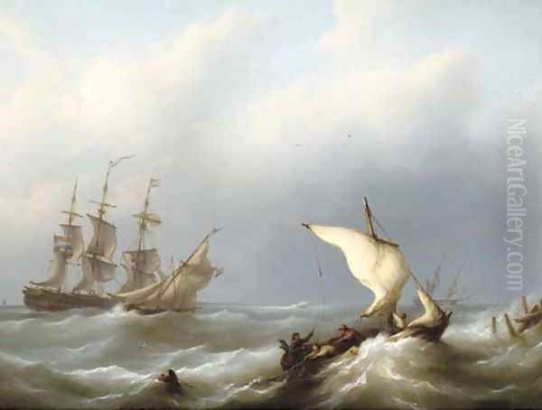 Dutch shipping offshore in a heavy swell, the merchantman flying her identification number 43 Oil Painting by Martinus Schouman