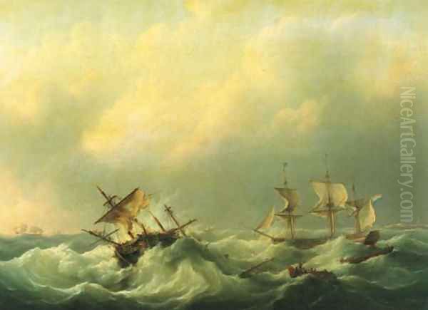 A Dutch brig comming to the aid of a frigat in distress Oil Painting by Martinus Schouman