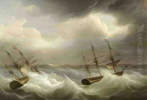 Threemasters in distress off the coast Oil Painting by Martinus Schouman