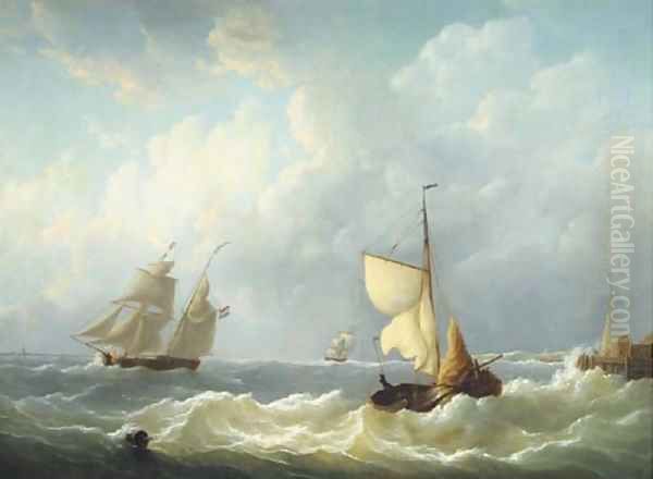 Dutch sailing vessels on choppy waters by a jetty Oil Painting by Martinus Schouman