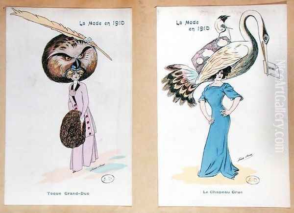 The Eagle Owl Fur Hat and The Crane Hat, cartoon fashion plates, 1910 Oil Painting by Xavier Sager