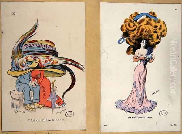 La Derniere Mode, fashion plates caricaturing hair and hat styles, 1909 Oil Painting by Xavier Sager