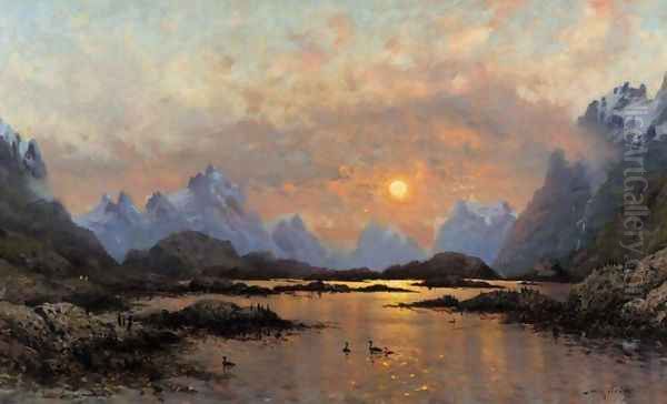 Sunset over a Mountain Lake (Solnedgang over et fjellvann) Oil Painting by Frithjof Smith-Hald