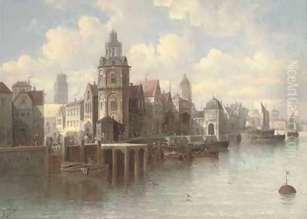 A continental quay Oil Painting by August von Siegen