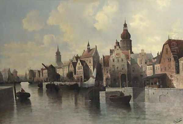 View of a town about a canal Oil Painting by August von Siegen