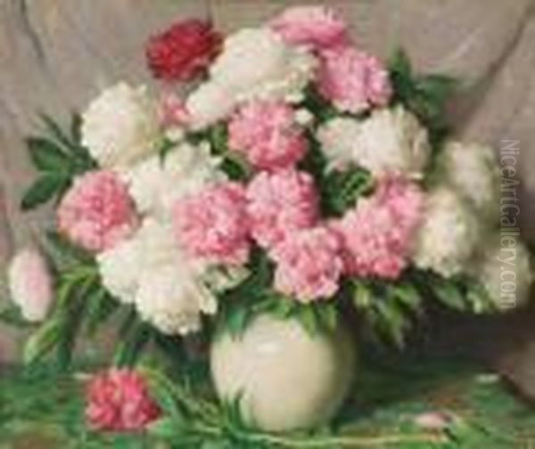 Red And White Peonies In A Chinese Bowl Oil Painting by Joseph Henry Sharp