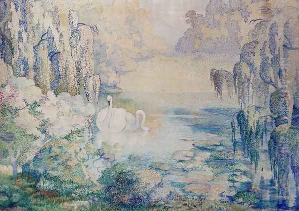 Swans On A Lake Oil Painting by Karl Schneider