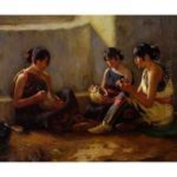 Acoma Pottery Decorators Oil Painting by Joseph Henry Sharp