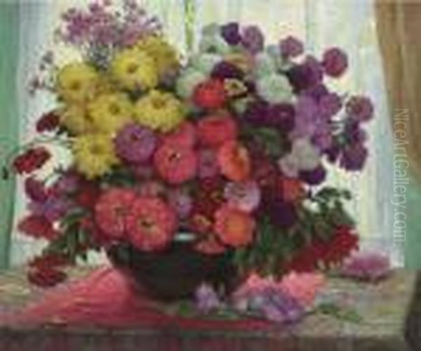 Bowl Of Flowers Oil Painting by Joseph Henry Sharp