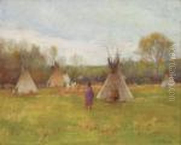 Crow Indian Encampment Oil Painting by Joseph Henry Sharp