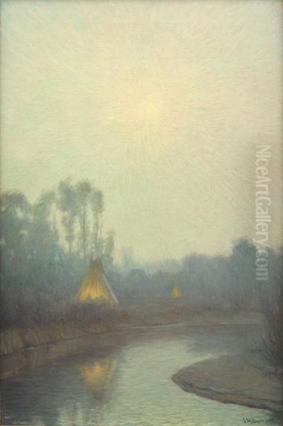 Early Moonlight On The Little Big Horn River, Montana Oil Painting by Joseph Henry Sharp