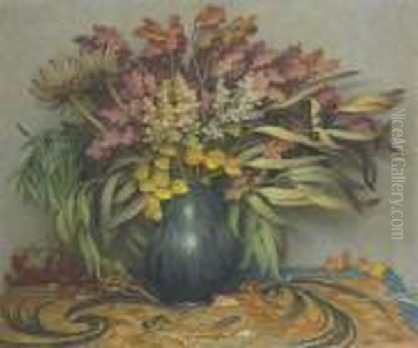 Still Life With Autumn Leaves, Chinese Vase And Embroidery Oil Painting by Joseph Henry Sharp