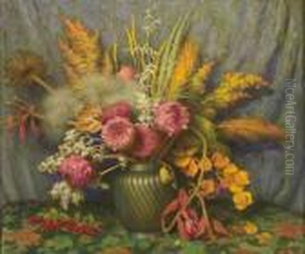 Autumn Flowers, Weeds, Grasses And Seed Pods In Chinesevase Oil Painting by Joseph Henry Sharp