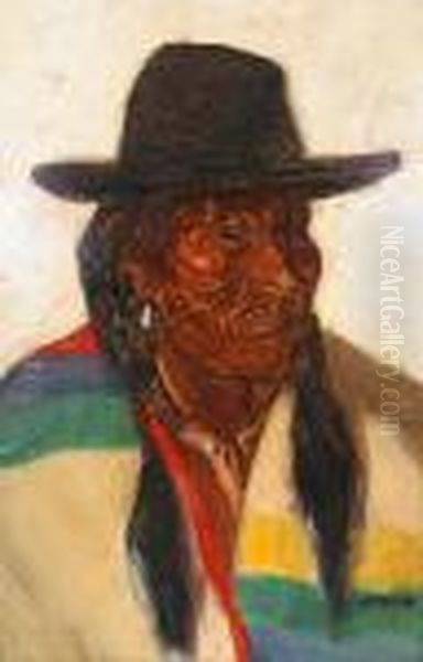 An Indian With A Colorful Blanket And Ahat Oil Painting by Joseph Henry Sharp