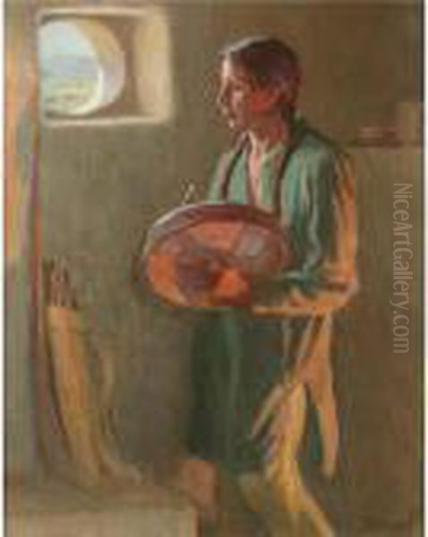 At A Pueblo Window - Taos (firelight And Daylight) Oil Painting by Joseph Henry Sharp