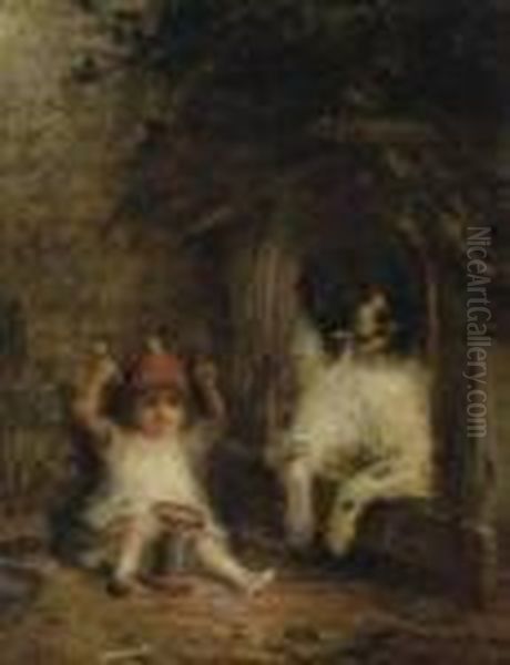 Child With Drum Set & St Bernard by Joseph Henry Sharp