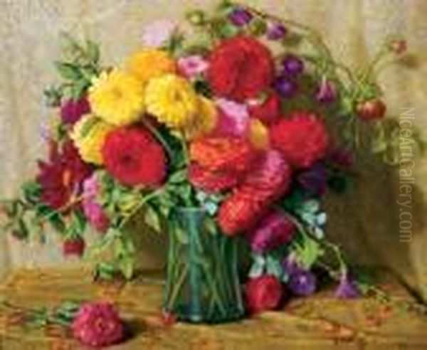 Zinnias And Dahlias by Joseph Henry Sharp