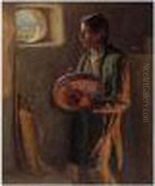 At A Pueblo Window-taos (firelight And Daylight) Oil Painting by Joseph Henry Sharp