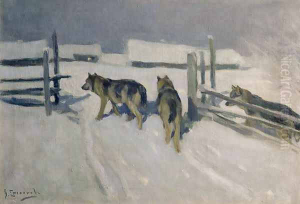 Wolfs, Winter Night, c.1910 Oil Painting by Aleksi Stepanovich Stepanov