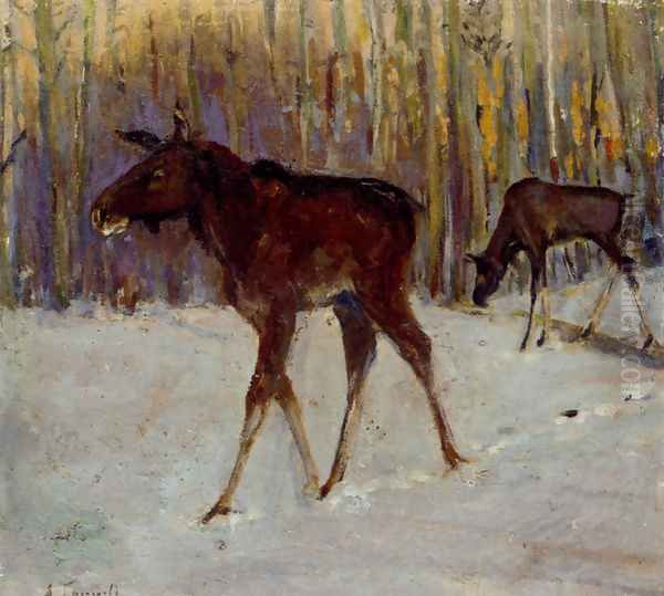 Elks In Winter Woodland Oil Painting by Aleksi Stepanovich Stepanov