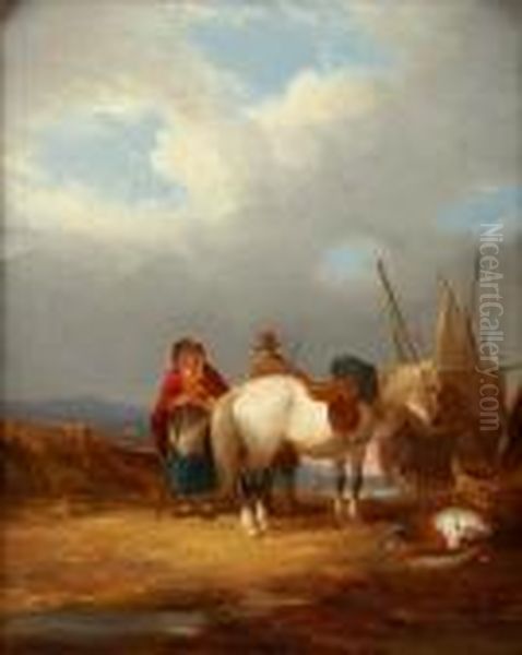 Fisherfolk And A Horse On The Sea Shore Oil Painting by William Joseph Shayer