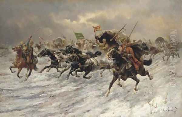 Russian Horsemen Storming the Battle Field Oil Painting by Constantin Stoiloff