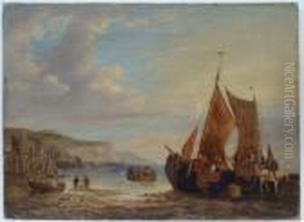 A Beach Scene With Fishermen Unloading Their Catch Oil Painting by William Joseph Shayer