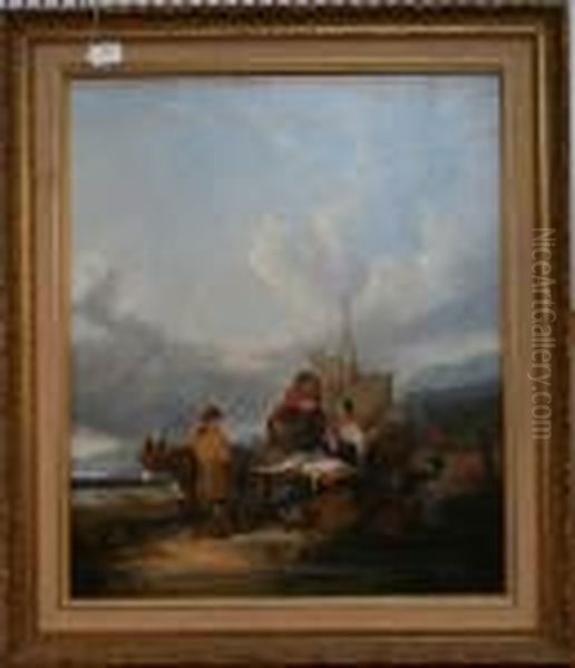 Coastal View With Fisherfolk On A Beach Oil Painting by William Joseph Shayer