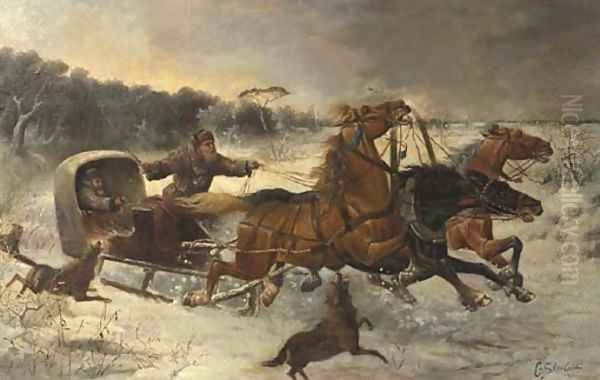 Wolves attacking travellers in a troika Oil Painting by Constantin Stoiloff