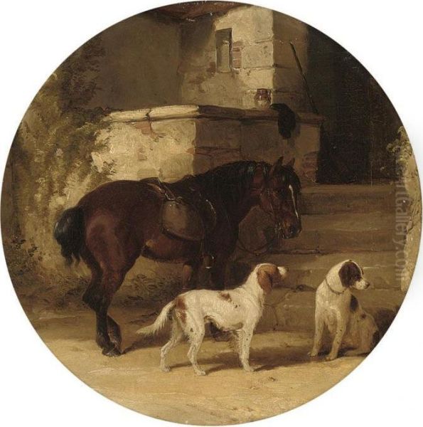 A Pony And Two Dogs Before A Doorway Oil Painting by William Joseph Shayer