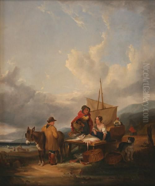 Coastal View With Fisherfolk On A Beach Oil Painting by William Joseph Shayer