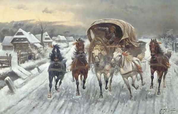 A Russian Caravan racing in the Snow Oil Painting by Constantin Stoiloff